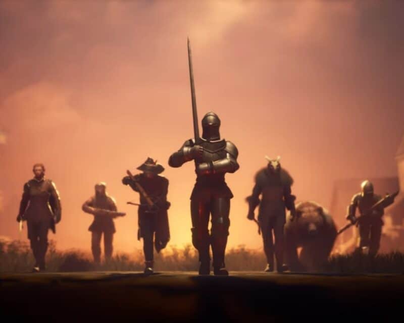 zapowiedź Crown Wars: The Black Prince – ujęcie przedstawiające sześciu ludzi i jednego niedźwiedzia idących w kierunku kamery, wszyscy ludzie uzbrojeni w różne bronie i odziani w stroje bojowe, w tle pomarańczowe niebo i zachodzące słońce już prawie za horyzontem