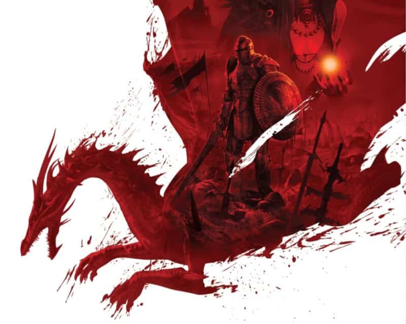 Recenzja Dragon Age: Origins – plakat gry, smok jakby wylany z czerwonej farby, w jego wnętrzu bohater – protagonista w zbroi