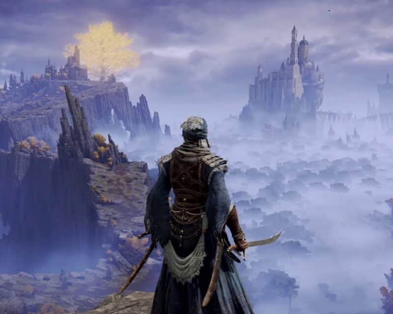 Grafika z gry Elden Ring, postać na tle