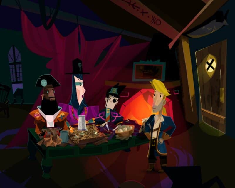 Return to Monkey Island – screen z gry, cztery postacie w zdezelowanym pomieszczeniu (na statku?), premiera gry jeszcze w tym roku, ogłoszenie z targów gamescom 2022