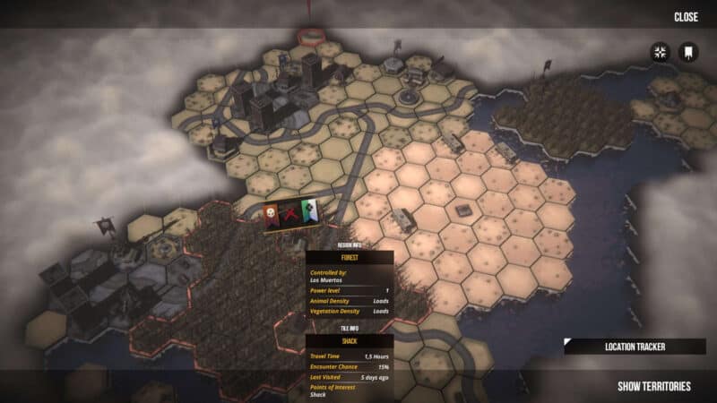 Sheltered 2 widok mapy z heksagonowych kafelków oraz opis lokacji