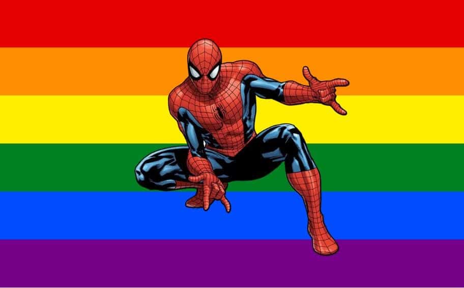 Spiderman na tle flagi LGBTQ+ w kolorach tęczy