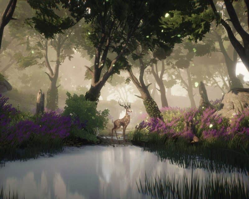 Blacktail - zapowiedź na targach gamescom 2022, screen z gry, magiczny las, staw, na jego brzegu jeleń
