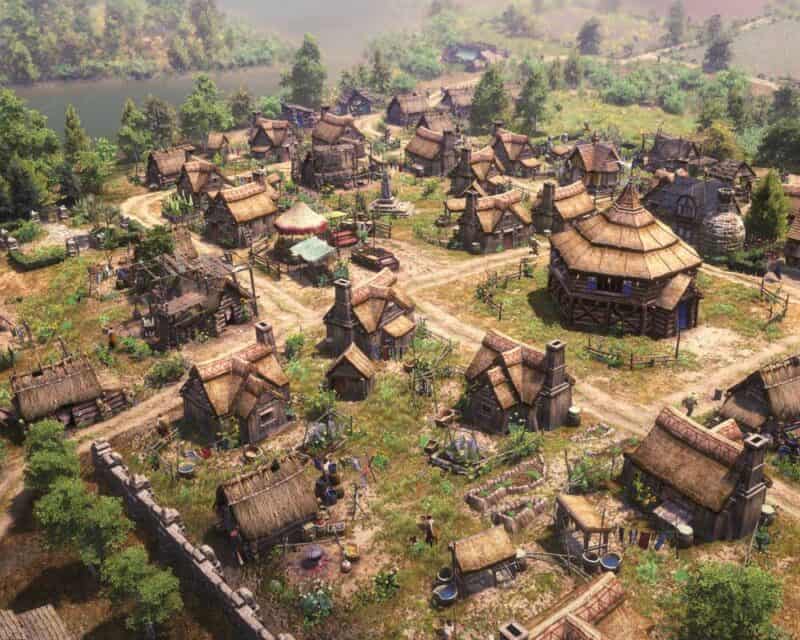 grafika z Farthest Frontier w Steam early access, pokazuje małą osadę z kilkoma budynkami z drewna ze słomianymi dachami i kawałek muru obronnego, premiera gry we wczesnym dostępie miała miejsce dzisiaj