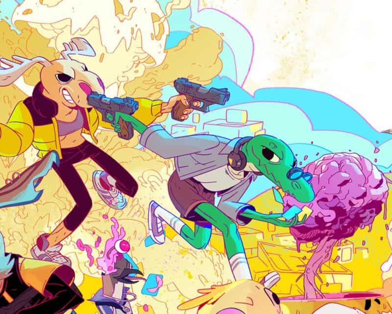 Antropomorficzne krokodyl i łosica strzelają do siebie