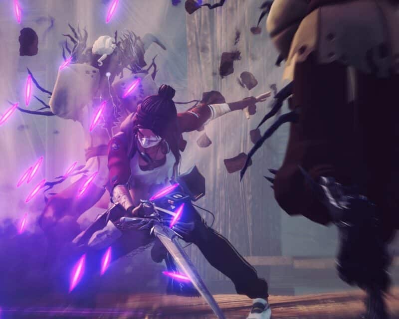 grafika przedstawiająca walczącą kobietę wykonującą zamach mieczem, po jej prawej stronie fioletowe kryształki i poświata, z prawej strony nadchodzi przeciwnik, phantom hellcat gamescom 2022 zapowiedź