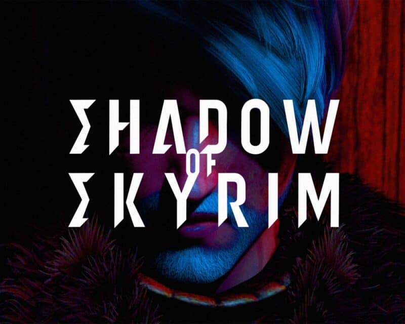 grafika przedstawia biały napis Shadow of Skyrim, za nim w cieniu widać kawałek twarzy mężczyzny, postaci z gry Skyrim, nowy mod shadow of skyrim