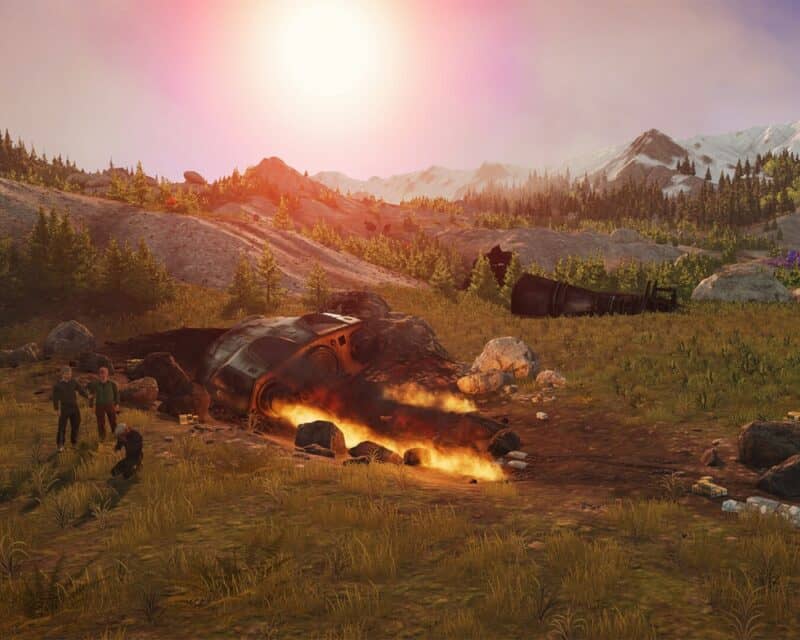 grafika przedstawia rozbity statek lub kapsułę ratunkową, obok trzy ocalałe z katastrofy postacie. W tle widać szczątki, na horyzoncie góry i słońce za chmurami, stranded alien dawn zwiastun gamescom 2022