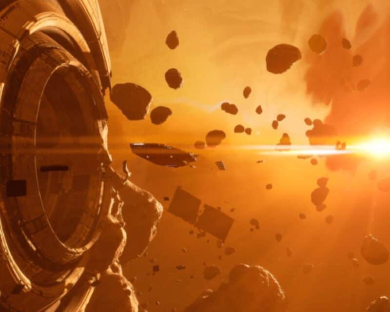 zwiastun Homeworld 3 gamescom 2022 – na grafice widać statek kosmiczny w deszczu meteorytów, za którymi świeci gwiazda