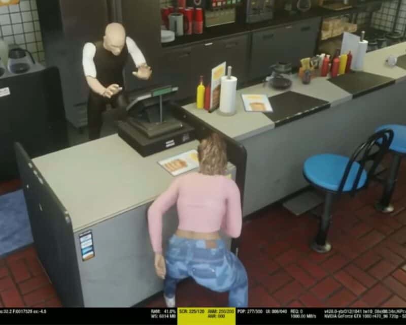 GTA 6, wyciek materiałów, na zrzucie ekranu widzimy odwrócą do widza kobietę w blond kręconych wlosach upiętych w kucyk, w rózowej bluzce z długim rękawem i niebieskich dżinsach, kobieta ma broń, napadła na bar i właśnie podchodzi do kasy, by odebrać wyłożone przez kasjera pieniądze, kasjer nie ma jeszcze twarzy, ale wyciąga ręce przed siebie w strachu, obok lada barowa