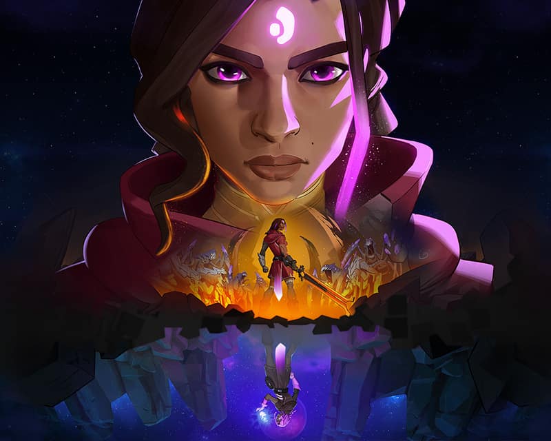 Portret Arvil głównej bohaterki gry Batora: Lost Haven, pokazujący jej dwie natury słoneczną i księżycową