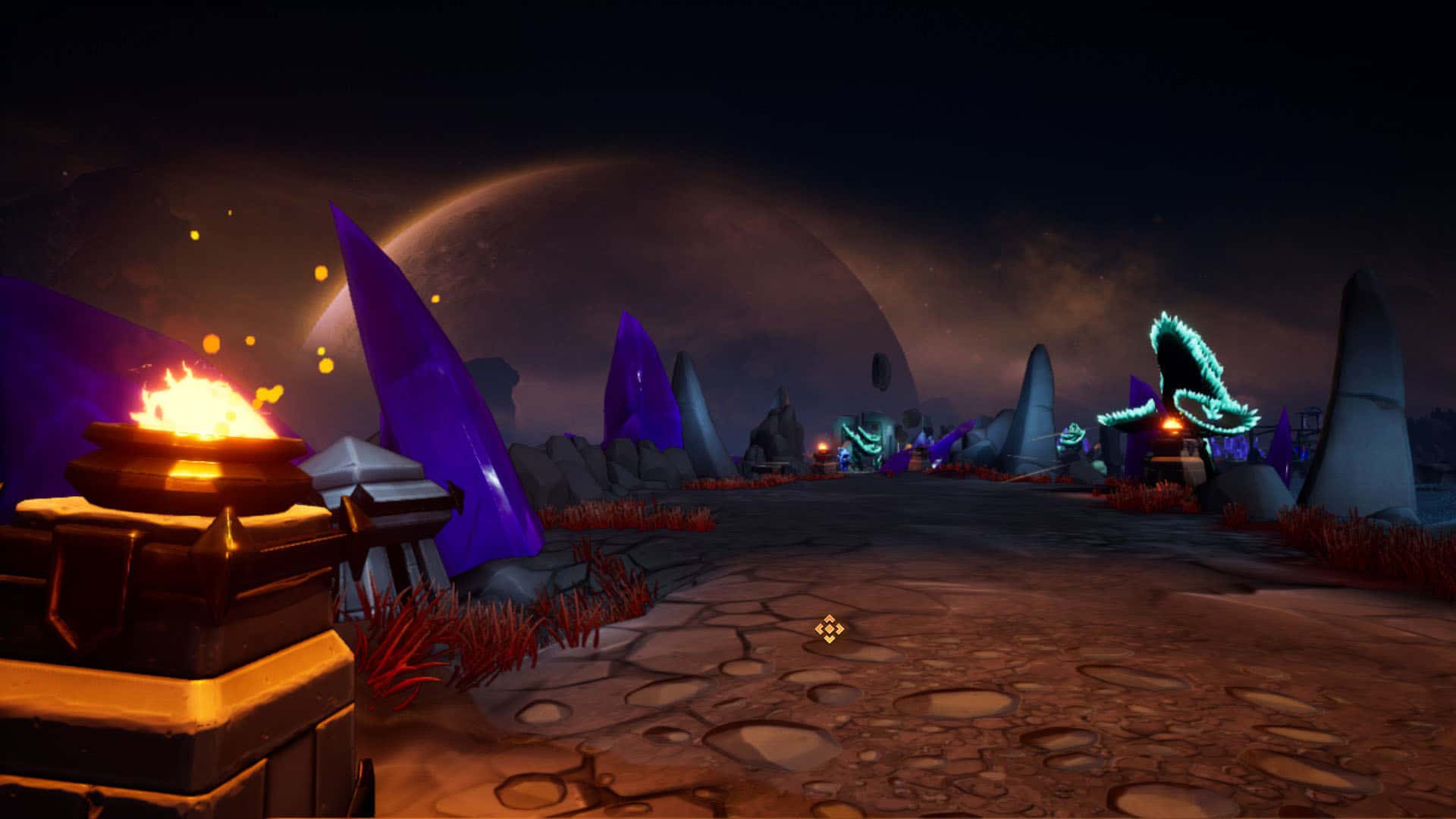 Skalista kraina z fioletowymi kryształami i świecącymi roślinami