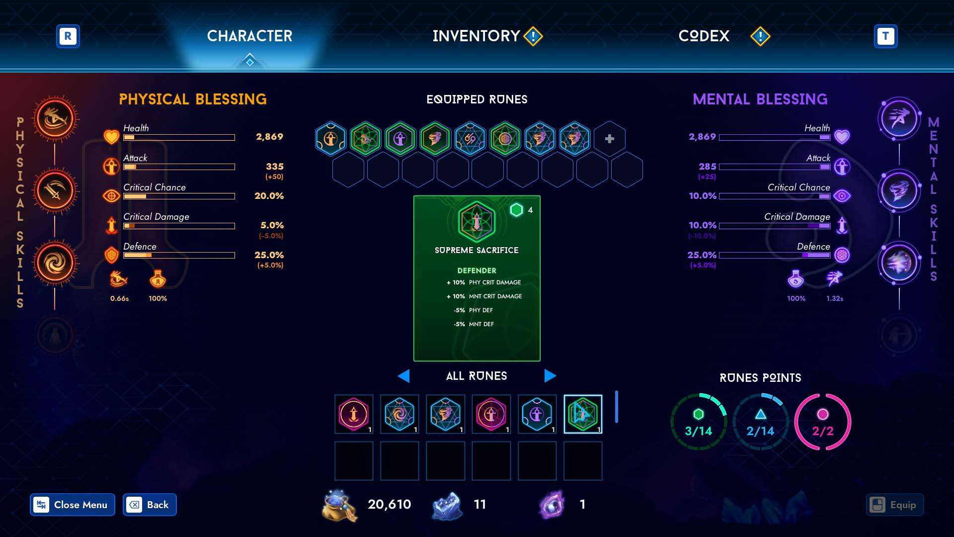 Ekran zawierający statystyki postaci i system dodawania run