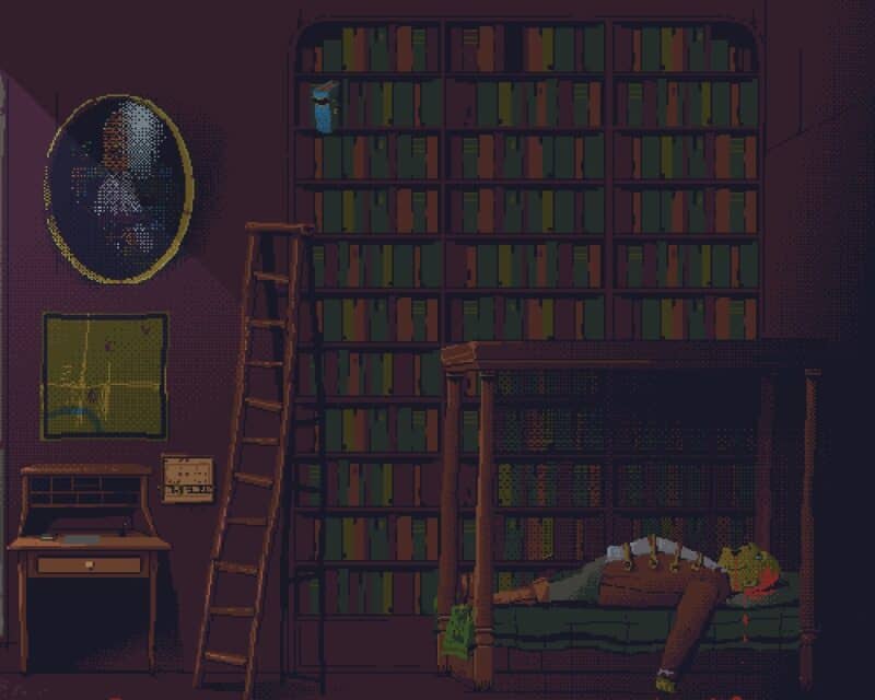 The Case of the Golden Idol – jest już zapowiedź i darmowe demo. Screen z gry, biblioteka, rzut z boku, typowy obrazek, na którym szuka się szczegółów – po prawej biblioteczka i trup na łóżku, drabina, sekretarzyk, na środku zakrwawiona koszula na krześle pod oknem, za oknem żaglówka i koń w galopie, dalej kotara i świeczka na stoliku