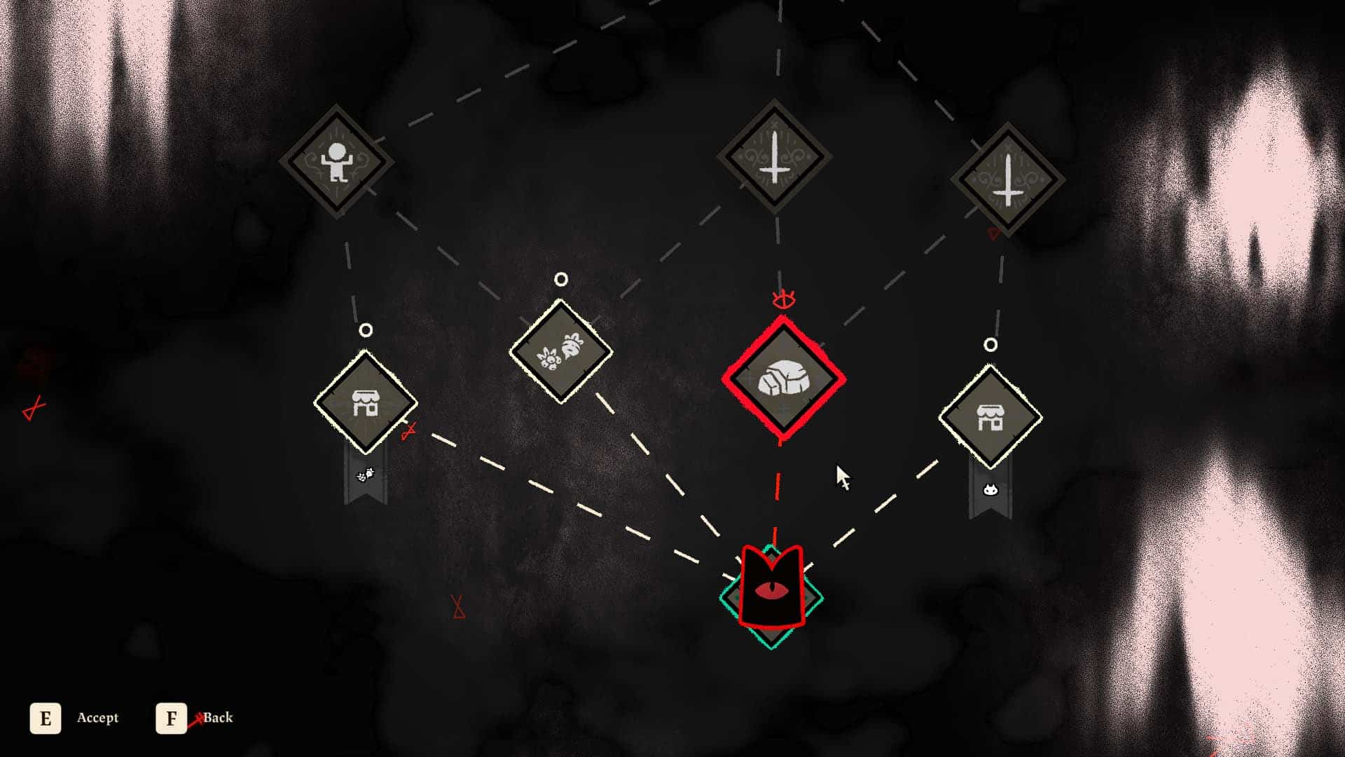 Wybór ścieżki w dungeonie w Cult of the Lamb