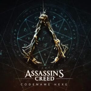 grafika przedstawiająca znak asasynów wykonany patykami i sznurkami, jest on na tle kręgu z tajemniczymi symbolami, pod symbolem napis Assassin's Creed Codename Hexe, zapowiedź gry pokazana podczas ubisoft forward