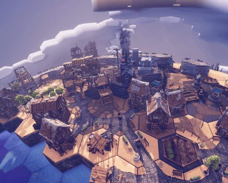 Kadr z gry. Na grafice znajduje się fragment mapy, planety i miasto. Recenzja Before We Leave.