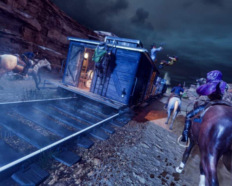 recenzja gry Hard West 2, obrazek przedstawia tył pociągu, fragment torów oraz postacie na koniach z lewej i prawej strony, które próbują na pociąg napaść