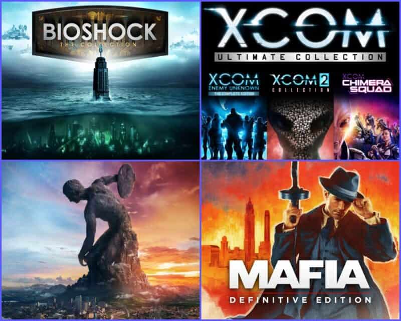 grafika przedstawia połączone 4 okładki gier, w lewym górnym rogu BioShock Collection, w prawym górnym XCOM Ultimate Collection, w lewym dolnym rogu dyskobol promujący grę Civilization 6, w prawym dolnym Mafia Definitive Edition, wszystkie gry są dostępne w ramach humble bundle z grami 2k