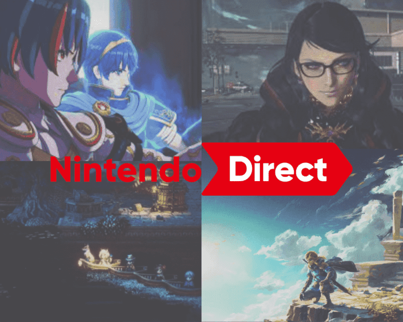 Podsumowanie Nintendo Direct 13.09.2022 r: na grafice znajdują się kadry z czterech gier zaprezentowych na pokazie, Bayonetty, Zeldy, Octopath Traveler II i Fire Emblem: Engage