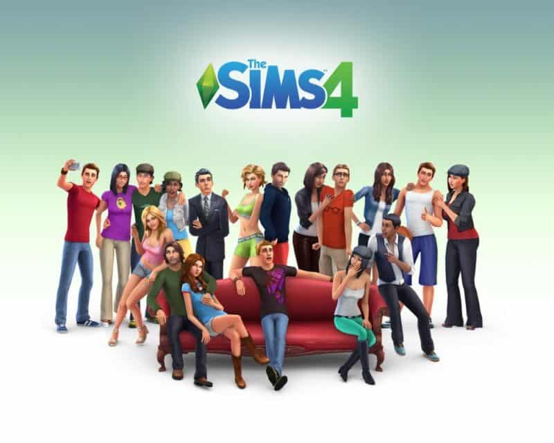logo The Sims 4 w górnej części obrazka na szarozielonym tle, w centrum skupisko ludzi róznych kolorów skór i płci, część stoi, część siedzi przed nimi na kanapie, pod nimi biała podłoga