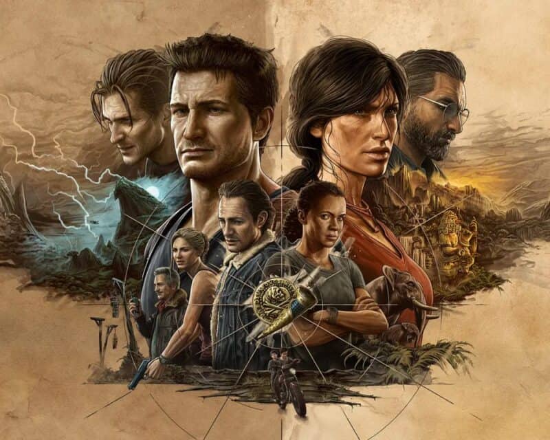 Uncharted: Kolekcja Dziedzictwo złodziei – wymagania na PC, premiera w październiku. Na obrazku plakat gry, na głównych miejscch Nathan i Chloe, niżej i w tle inne postacie, które spotkamy podczas rozgrywki