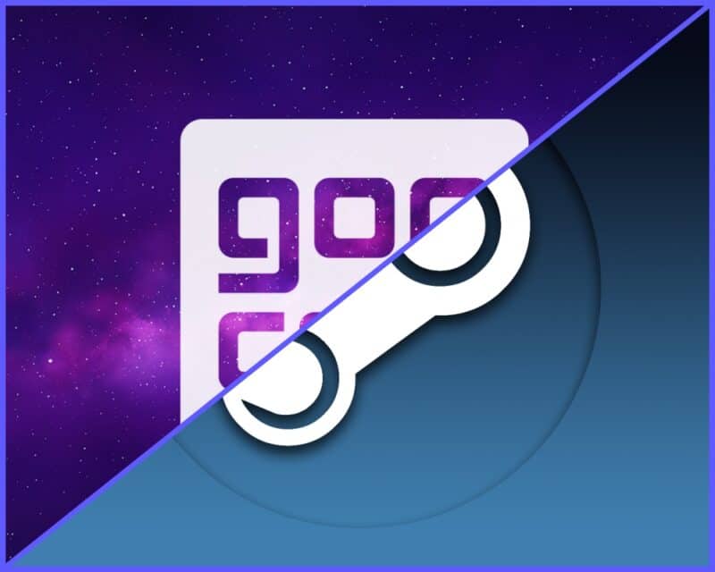 grafika przedstawiająca przedzielone na pół loga platform z grami, GOG.com w lewym górnym rogu, i Steam w prawym dolnym. Na środku grafika przedziela je fioletowa kreska, wyprzedaże gog i steam