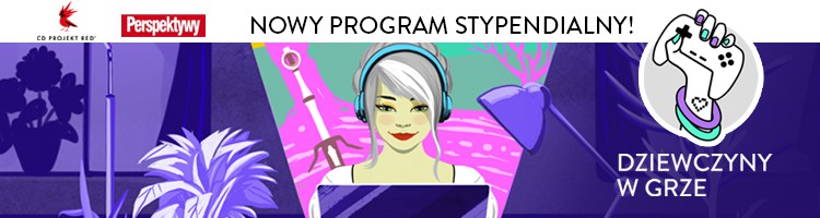 Dziewczyny w grze 2022 banner, na przodzie siedzi dziewczyna z białymi włosami, przed nią stoi otwarty laptop, za nią na drugim planie fioletowo-różowe tło, rodem ze świata fantasy, za oknem przelatuje smok