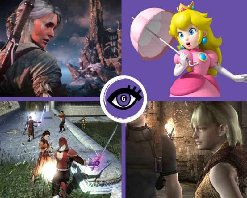 Damy w opałach – kolaż: screeny z Resident Evil IV, Wiedźmin 3: Dziki Gon, KOTOR i zdjęcie księżniczki Peach