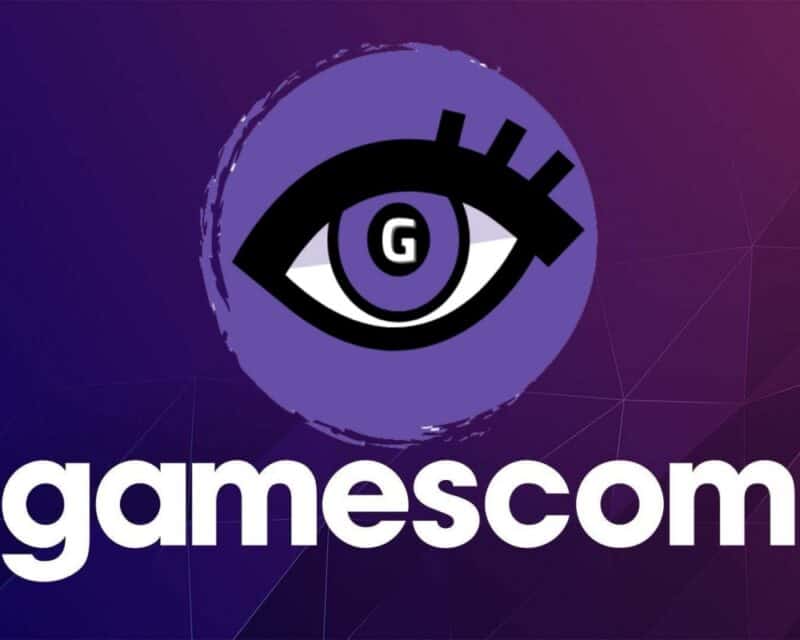 grafika przedstawia logo grajmerek (oko z fioletową tęczówką i G w środku) na fioletowym tle, pod logiem nazwa gamescom