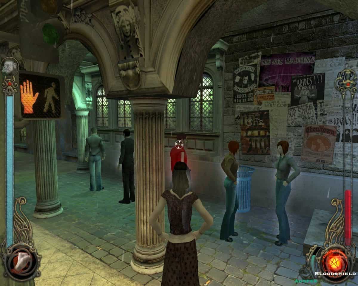 grafika z gry Vampire: The Masquerade – Bloodlines, przedstawia naszą postać stojącą tyłem do kamery, przed nią widać kolumny i łuki architektoniczne oraz mieszkańców Los Angeles, na których możemy użyć naszych wampirzych Dyscyplin