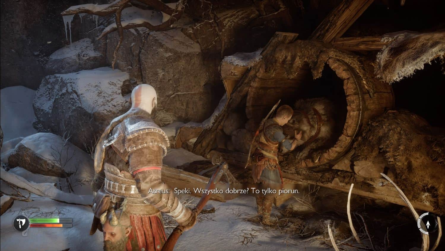 God of War Ragnarök - tryb PETA? Screen z gry, Kratos i atreus, zwierzę, dialog