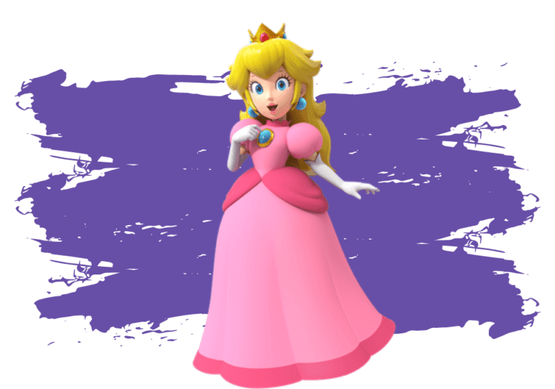 Najlepsze bohaterki Nintendo. Na fioletowym tle znajduje się Princess Peach.
