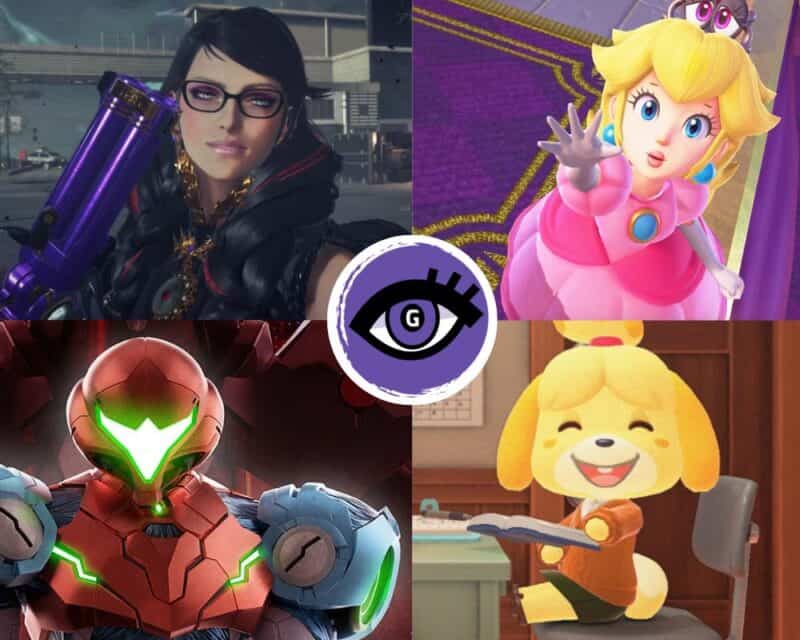 Najlepsze bohateki Nintendo. Na zdjęciu znajduje się Bayonetta, Princess Peach, Samus i Isabelle z Animal Crossing. Na środku znajduje się logo Grajmerek.