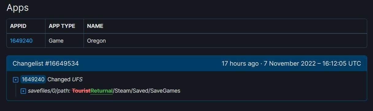 zrzut ekranu ze strony SteamDB z nazwą aplikacji Returnal