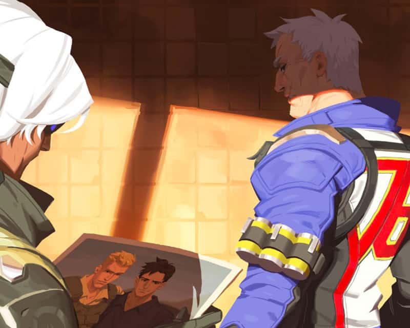 Postać patrzy na zdjęcie pokazujące dwóch mężczyzn, Soldier 76 z Overwatcha wymownie patrzy na postać ze zdjęciem