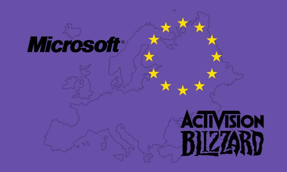 loga firm Microsoft i Activision Blizzard na fioletowym tle, obok nich kółko z gwiazdek, czyli symbol Unii Europejskiej, w tle kontur Europy