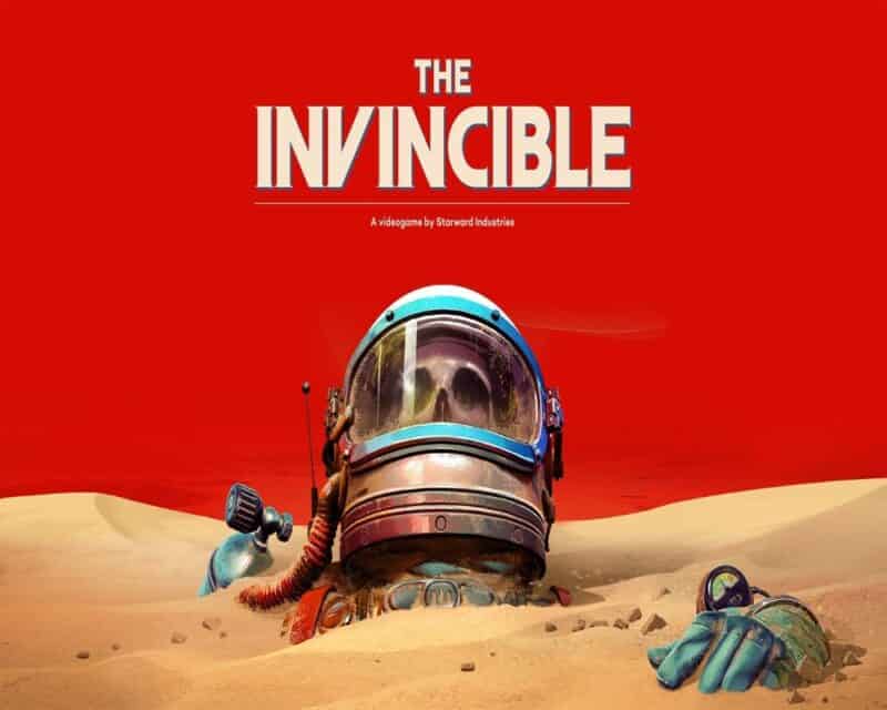 na plaży leży hełm astronauty z czaszką w środku, w tle czerwone tło a na nim napis ,,The Invincible'''