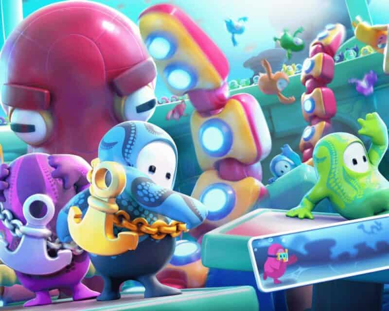 grafika z gry Fall Guys, przedstawia kilka z atrakcji sezonu 3, widać na nim charakterystyczne fasolki-postaci ubrane w wodne motywy, jedna z nich trzyma złotą kotwicę, za nimi widać ośmiornicę i jej macki