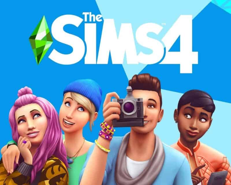 cztery postacie z gry, tło niebieskie, nad postaciami napis the sims 4