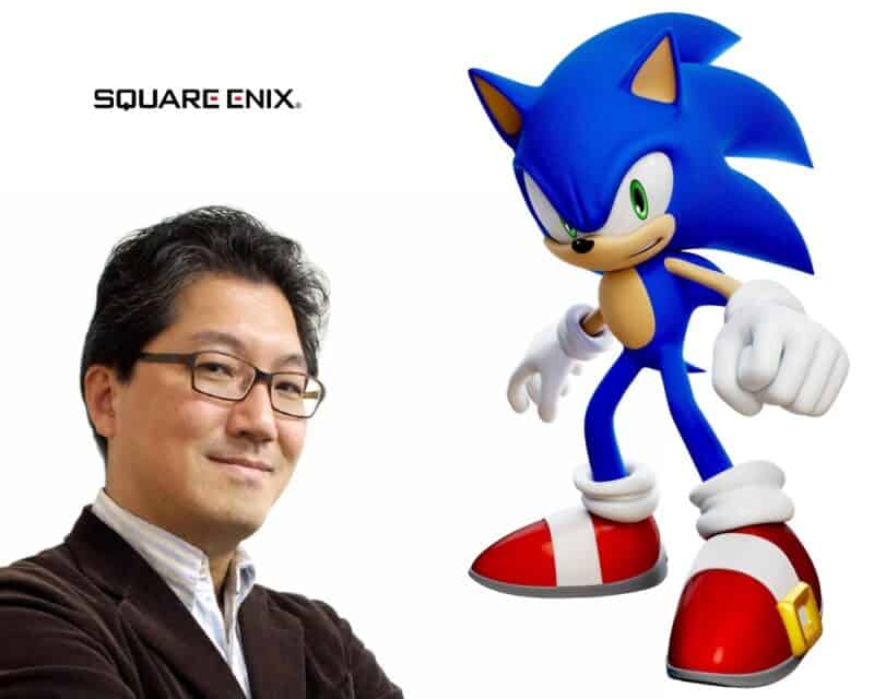 Aresztowany twórca Sonica,Yuji Naka, i jeż Sonic oraz logo Square Enix - kolaż