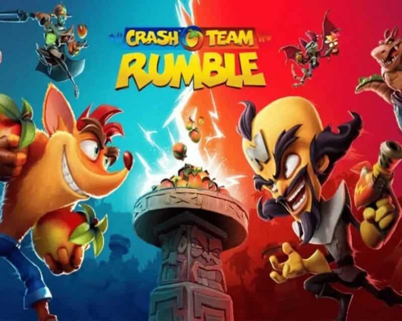 Crash oraz Dr. Neo Cortex stoją naprzeciw siebie, między nimi stoi misa z owocami Wumpa, u góry znajduje się napis Crash Team Rumble