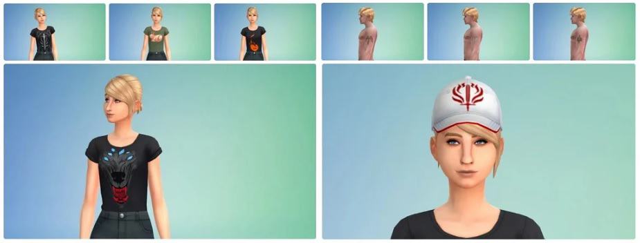 kolaż prezentujący nowe T-shirty z motywem z Dragon Age Dreadwolf na postaciach kobiecych, tatuaże na lewym ramieniu na modelu mężczyzny z nagą klatką, oraz białą czapkę z daszkiem z czerwonym symbolem miecza