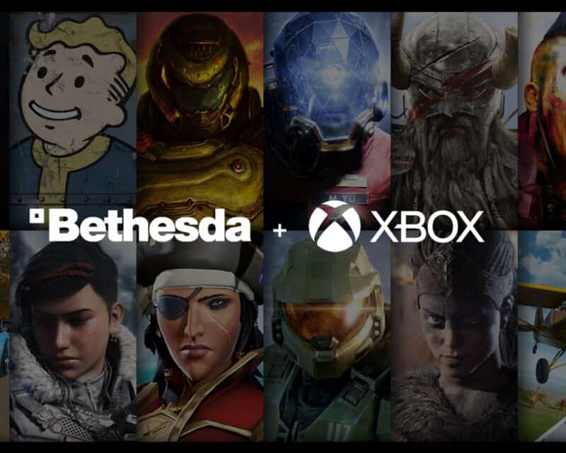 Loga Bethesdy i Xboxa połączone znakiem plusa. W tle charakterystyczne postacie z różnych gier.