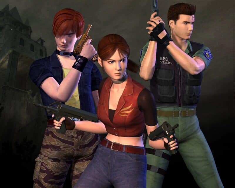 Resident Evil: Code Veronica - czy powstaje remake? Plakat z gry, trzej bohaterowie, upozowani, z bronią, rozglądający się jakby gdzieś w pobliżu czyhało niebezpieczeństwo