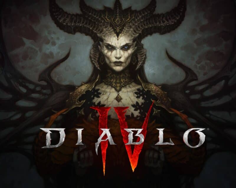 Zapowiedź Diablo IV na The Game Awards – obrazek to plakat z kobiecą postacią z rgami w tle i tytułem gry