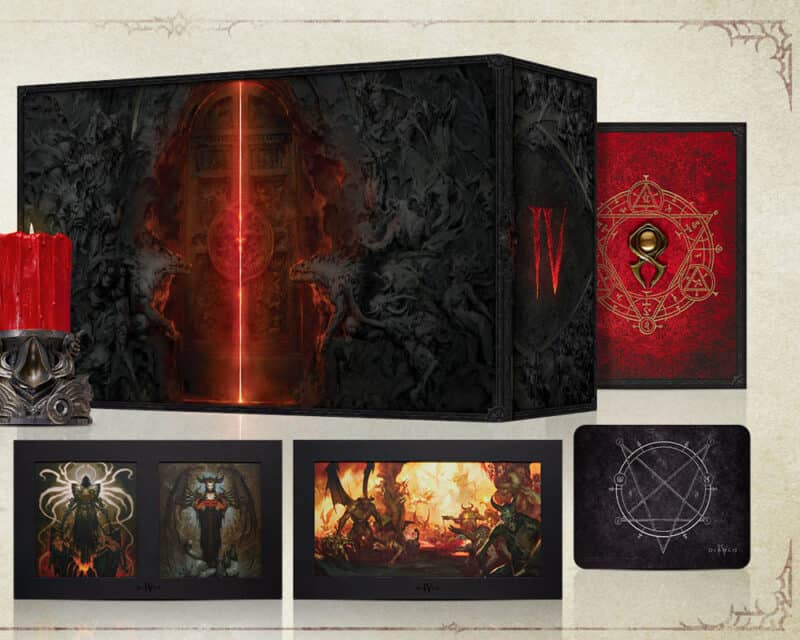 Zdjęcie przedstawia częściową zawartość edycji kolekcjonerskiej Diablo IV. Widzimy świeczkę, dwa matowe wydruki, podkładkę pod myszkę, przypinkę oraz samo pudełko, w którym znajdują się rzeczy.