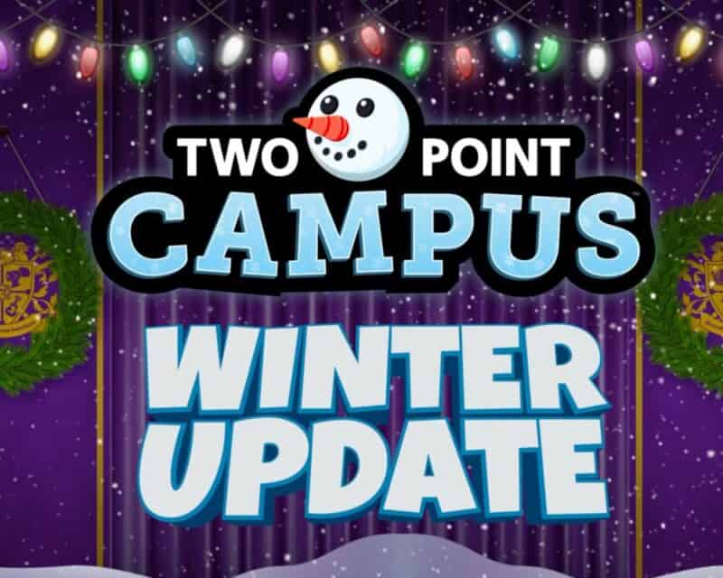 Zimowa aktualizacja w Two Point Campus – śmieszny plakat update'u, światełka, głowa bałwana, napis