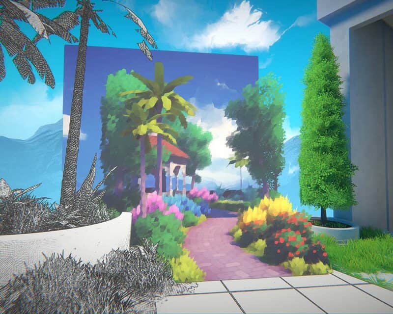 Zrzut ekranu z gry Viewfinder. Świat przedstawiony w realistycznej grafice łączy się z obrazem w impresjonistycznym stylu oraz czarnobiałym szkicem.