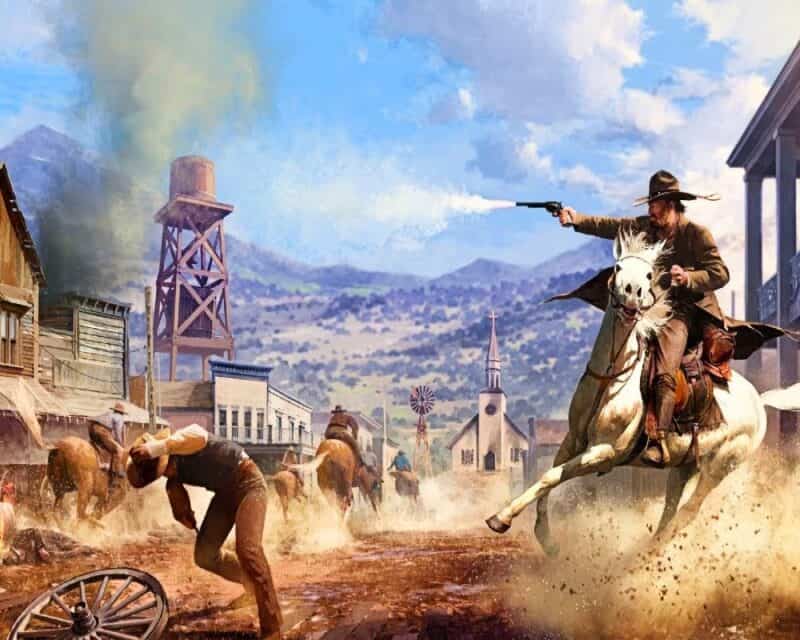 Grafika promująca grę Wild West Dynasty, rewolwerowiec na koniu strzela w nieznane, w tle miasto oraz górujące nad nim pustkowia